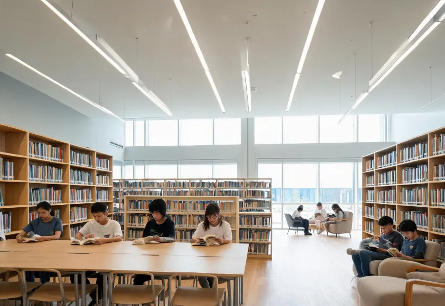 School library with comfortable linear lighting